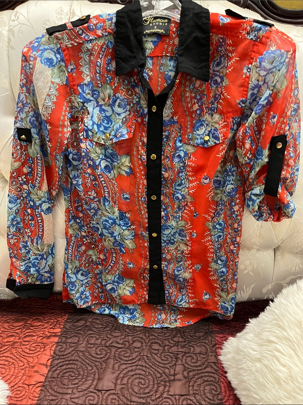 Orange Floral Button-Down Shirt for woman